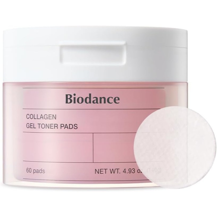 Biodance Discuri tonice cu gel de colagen, minimizare pori faciali, imbunatateste elasticitatea, exfoliere delicata, Discuri tonice coreene pentru piele sensibila, 140 g x 60 de discuri