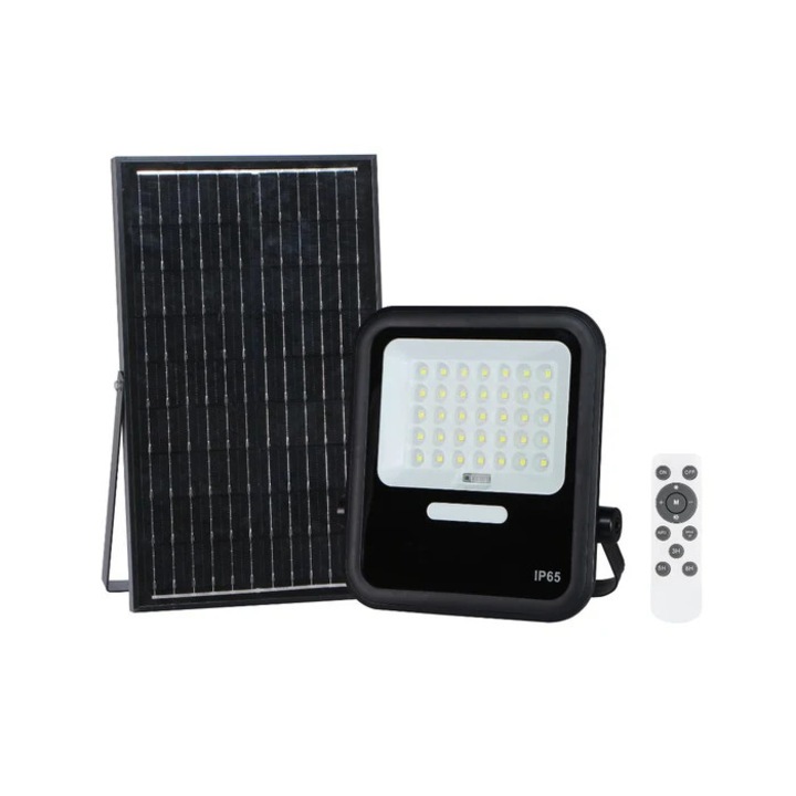 Hoff Соларен LED прожектор, 15 W, студена светлина, с дистанционно управление, черен, IP65, за външна употреба