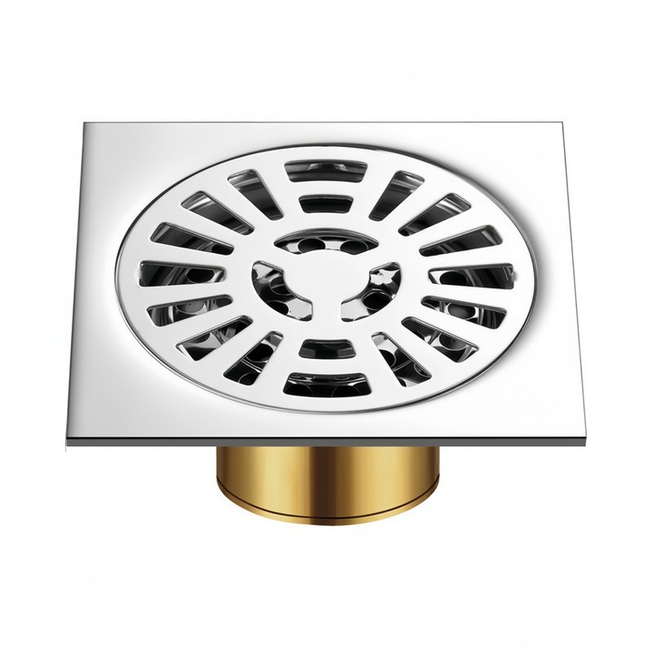 Sifon pardoseala patrat, pentru bucatarie, baie, balcon, cu ventil alama si capac Inox,10 x 10 cm