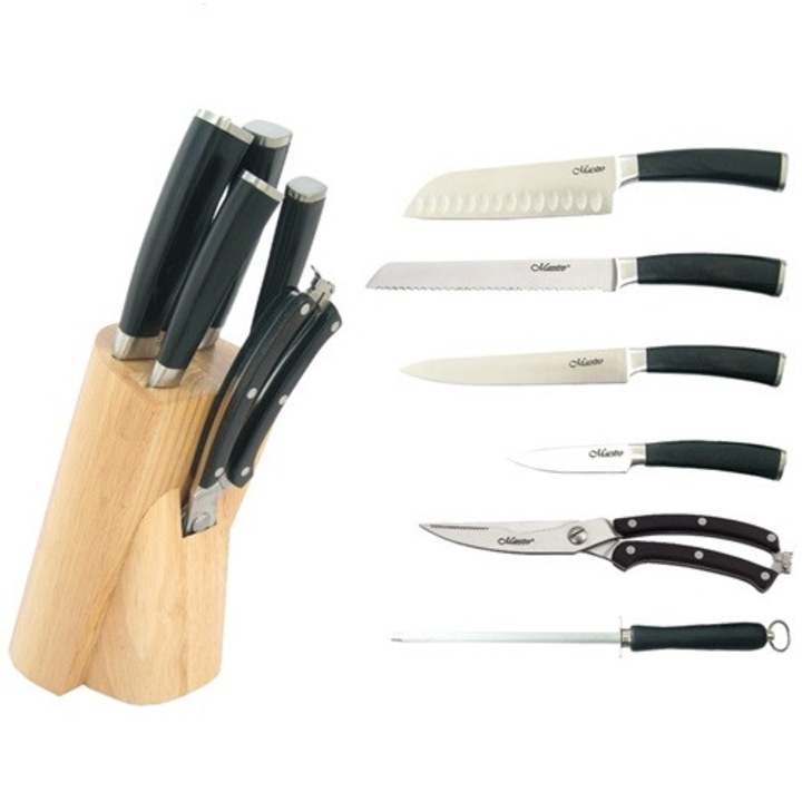 Set de cutite 7 elemente Maestro, cu manere din lemn, inclusiv cutit Santoku 17cm, cutit de paine 20cm, cutit universal 12,5cm, cutit de curatat 9cm