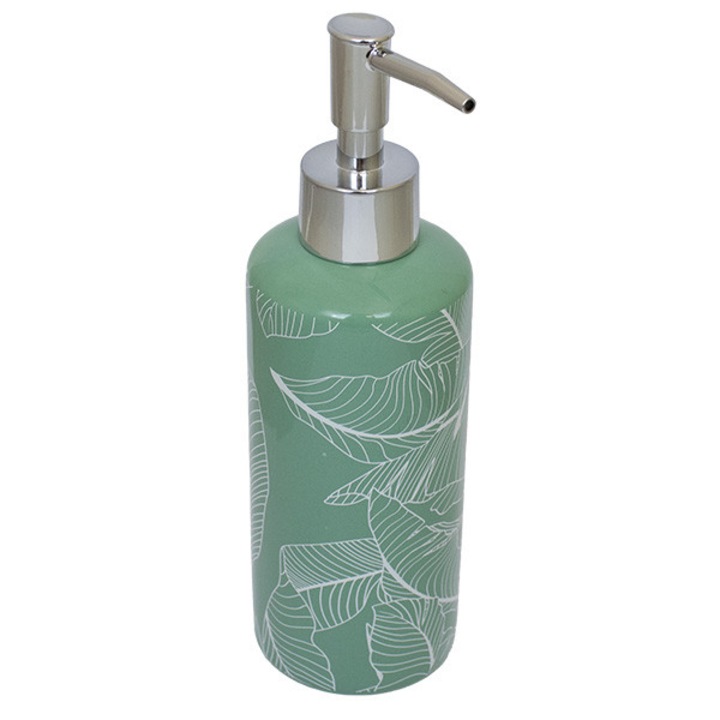 Folyékony szappan adagoló, Frandis, dolomit, 6x6x20 cm, halványzöld diszkrét fehér levelekkel