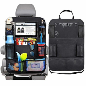 Organizator de Montat pe Scaun Auto, 45X30X1 cm Pentru Sortare Lucruri si Protejare Tapiterie, Compatibil cu Orice Masina, Suport de Tableta si Sticle Inclus, Negru