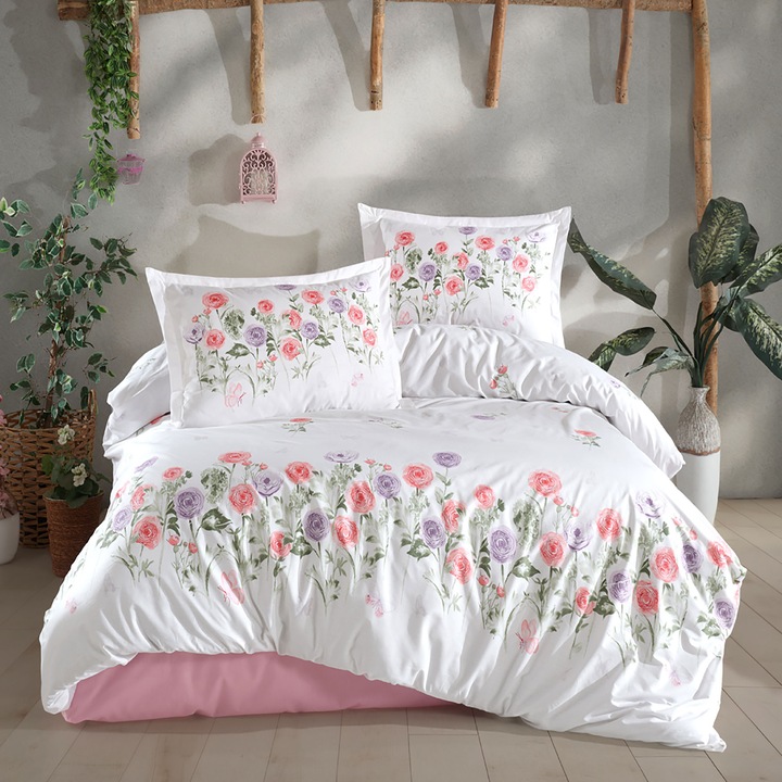 Спално бельо за двойно легло NufJoy, 100% рпамук ранфорс, 4 части, King Size, чаршаф за легло 240x260 см, олекотена завивка 200x220 см, 2 калъфки за възглавници 50x70, Премиум качество, Подаръчна кутия, Хеленка