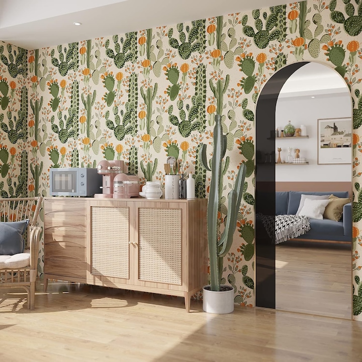 Tapet autoadeziv din PVC, aspect floral cactusi, rezistent la apa, adeziv puternic, usor de montat, pentru blaturi bucatarie, baie, pereti, 44,5 x 300 cm, verde