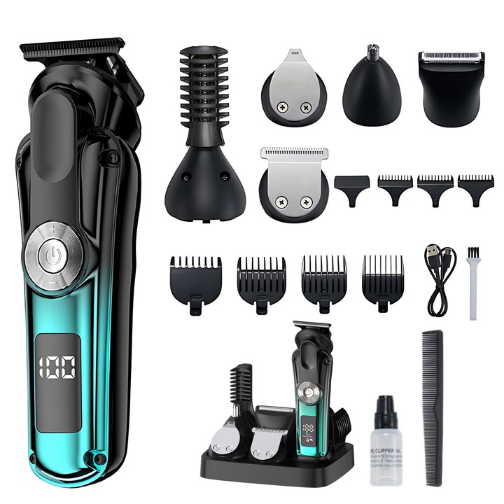 Aparat de tuns fara fir 6 in 1 pentru ingrijire completa, CUANTIS, lame din titan autoascutite, motor puternic cu 2 trepte de viteza, rezistenta la apa IPX6, baterie reincarcabila 1400 mAh, display LED, albastru