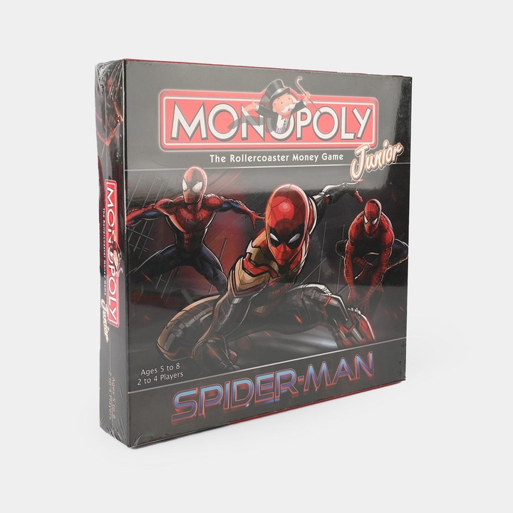 Настолна игра Monopoly Junior Spiderman ANGMAD на английски език, 2-4 играчи, съдържа: игрална дъска, пари, фигури и карти, червен многоцветен, минимална препоръчителна възраст 3+ години