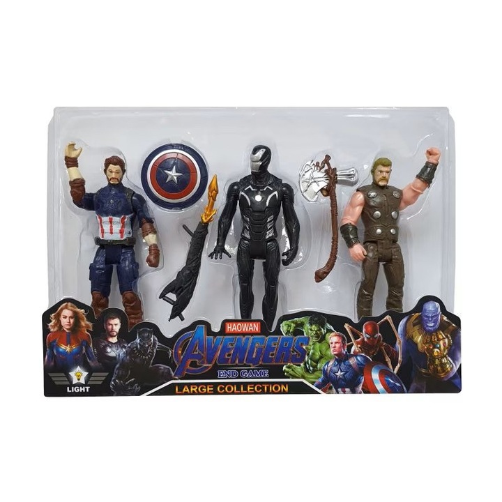 ANGMAD 3 darab Bosszúállók figura készlet, mozgatható, kiegészítőkkel és LED-del, Amerika Kapitány, Thor és Vasember, 15x7cm, Union Legent gyűjtemény, többszínű, minimális ajánlott életkor 2 év+