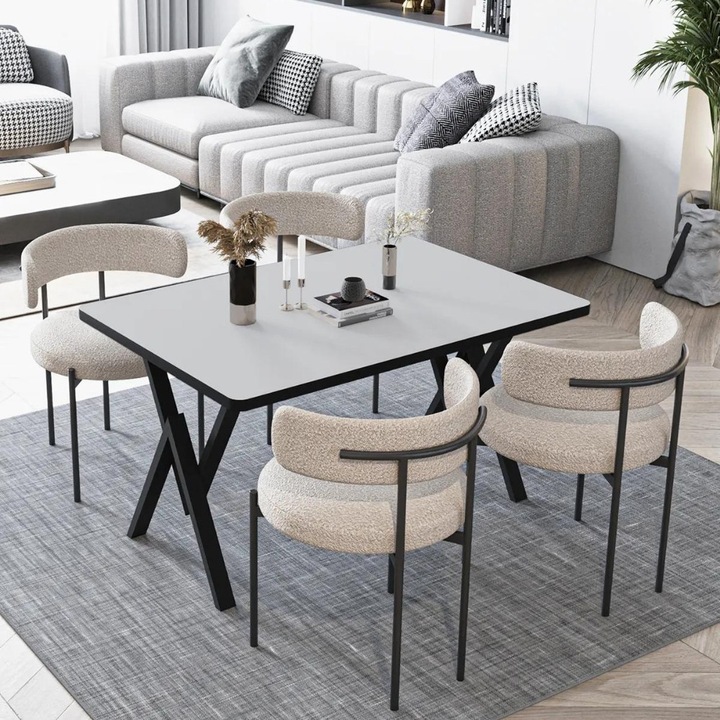 Set Masa si Scaun Teddy, Elegant, cu 4 scaune, 1 masa 80 x 120 cm, Picioare metalice Negru, Crem
