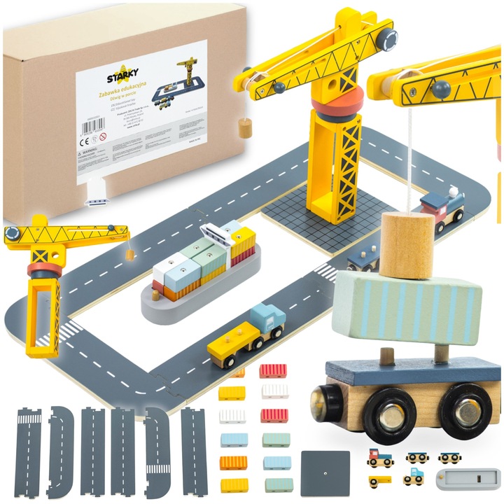 Set de joaca cu macara din lemn, Starky, 5 in 1, 12 containere, 31x25x7cm, multicolor