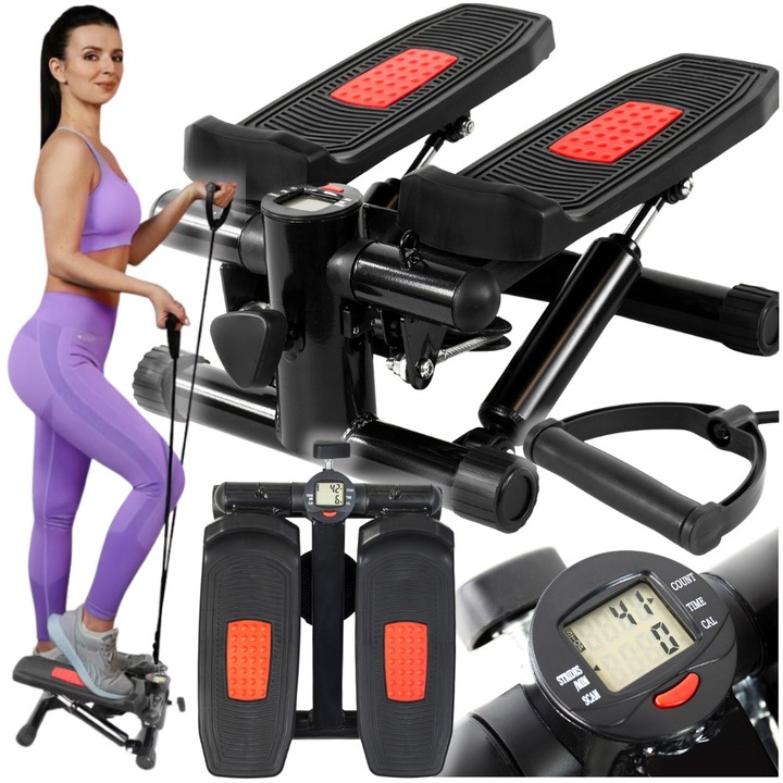 2 az 1-ben fitnesz stepper ellenállás szalagokkal, VIVE FITNESS, fekete, 32x29x39cm