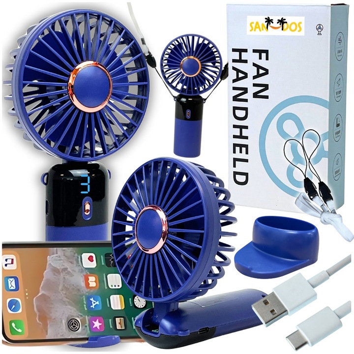 Приятелски мини вентилатор, SANDOS, за бюро, 5 скорости, тъмнолилав цвят с розово-златни акценти, размери 19x9x4см