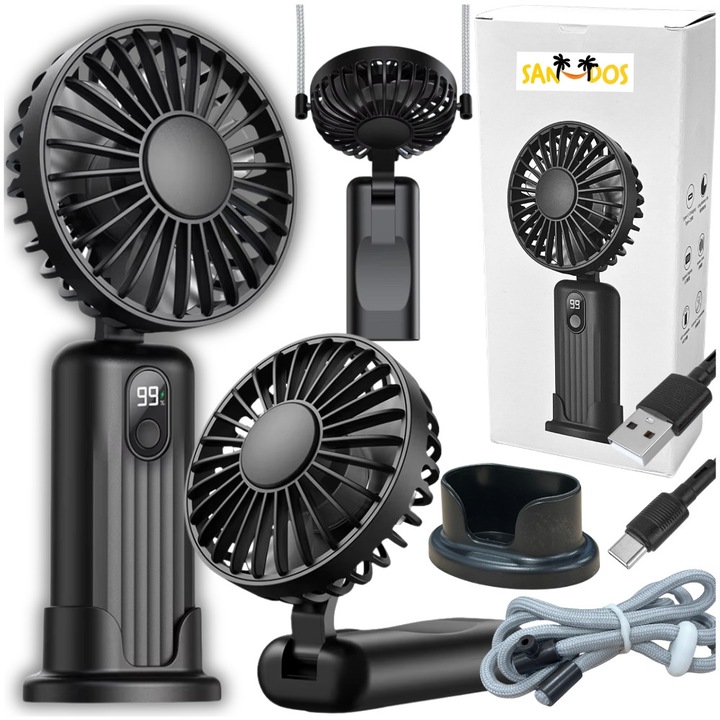 Преносим вентилатор със стойка, SANDOS, 4 скорости, матов черен, 19,7x9x4,6 см