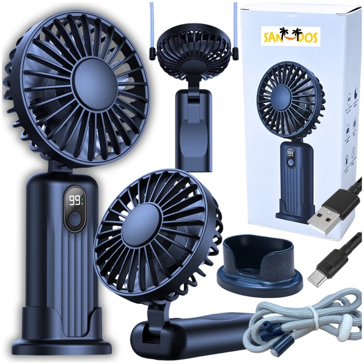 Вентилатор мини мобилен SANDOS, 4 скорости, матов гранат, 19,7x9x4,6 см, със стойка и USB-C зареждане