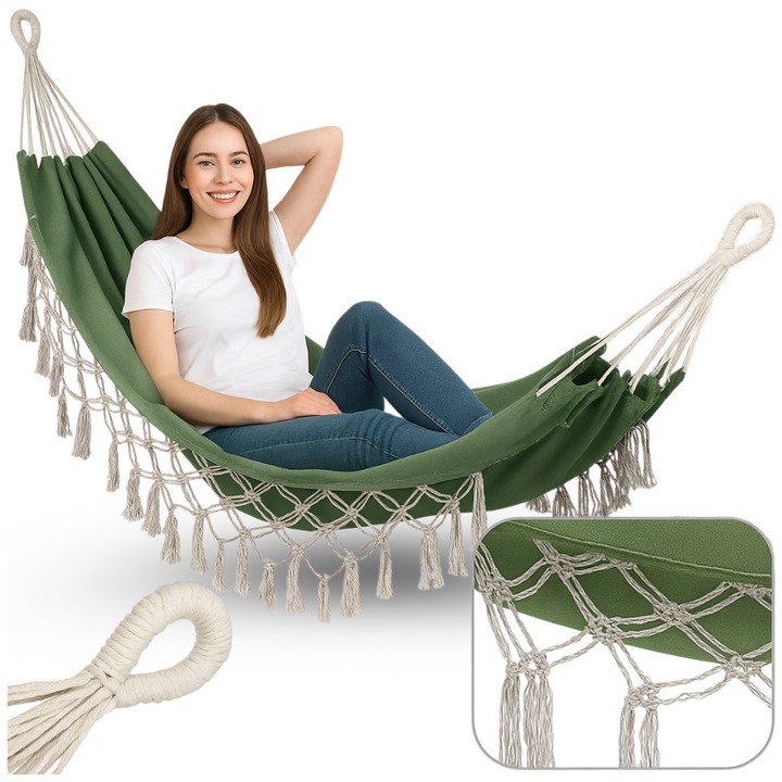 Hamak boho, SANDOS, 200x150cm, 200kg, cu franjuri, set cu sac de transport