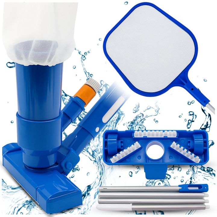 Set de curatare pentru piscina GoGarden, 4 in 1, cu plasa si aspirator, functioneaza fara electricitate, 155cm