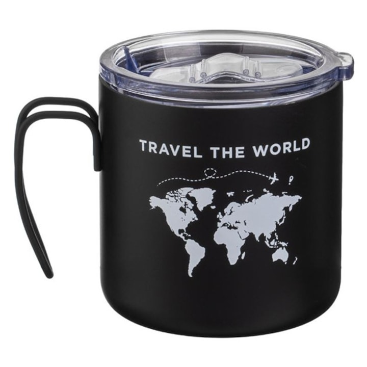Чаша за кафе от неръждаема стомана с принт карта "Travel the World" 350мл, черна