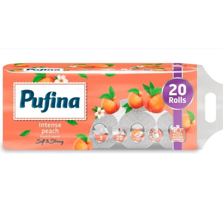 Hartie igienica Pufina, 20 de role, 3 straturi, aroma piersica