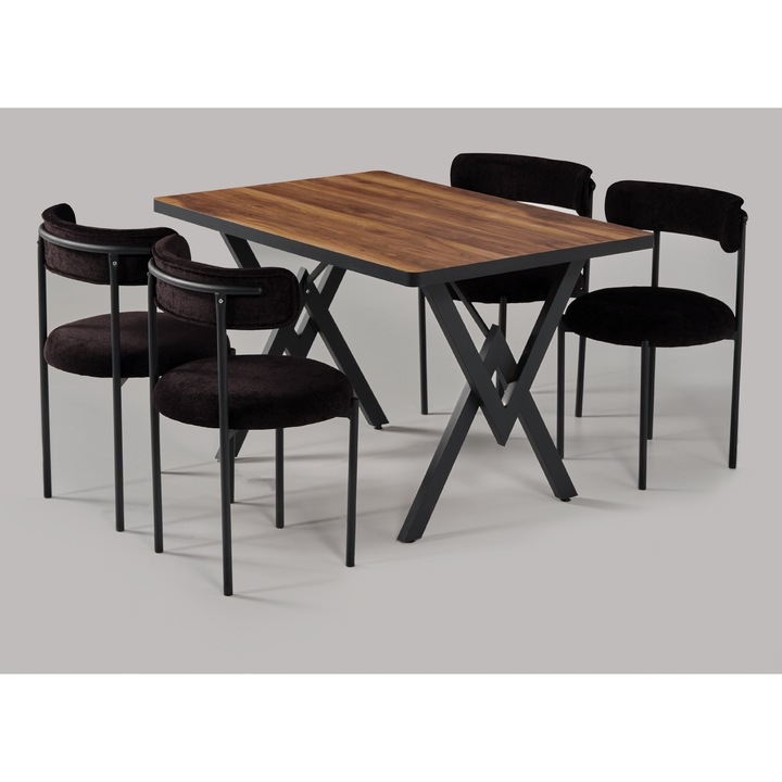 Set Masa si Scaun Teddy, Elegant, cu 4 scaune, 1 masa 80 x 120 cm, Picioare metalice Negru
