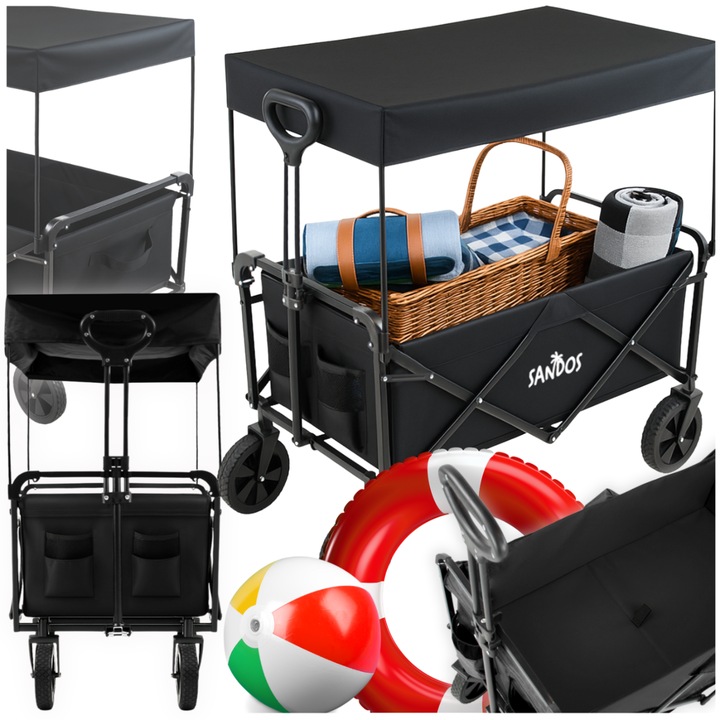 Carucior pliabil de plaja Sandos, 100kg, cu copertina, dimensiuni 97x53x86cm, negru