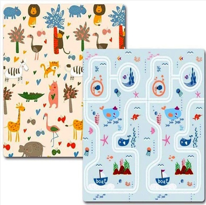 Covoras de Joaca pentru Copii Termic cu 2 Fete, Model Lumea Animalelor si Calatorie pe mare, cu Spuma, Impermeabil, Antiderapant, 200cm x 180cm x 0.8cm