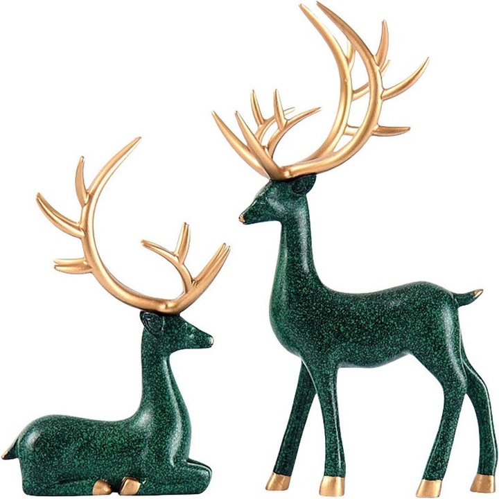 Set 2 Cerbi Norocosi din Resina Aurita cu Pictura Manuala - Decoruri Europene si Orientale pentru Sufragerie, KuviKoo™ Masa de Cafea sau Cadou - Simbol Armonie si Prosperitate (31.5x20.5x22cm)