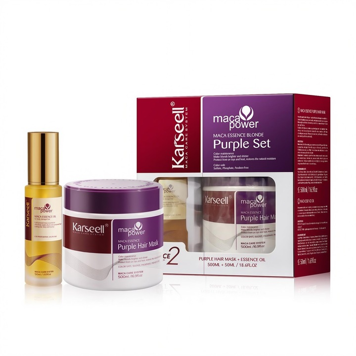 Set Cadou Premium Karseell Cezi – Masca Mov + Ulei de Argan (500 ml + 50 ml) pentru par blond / gri – Neutralizare tonuri galbene, hidratare intensa, protectie & stralucire