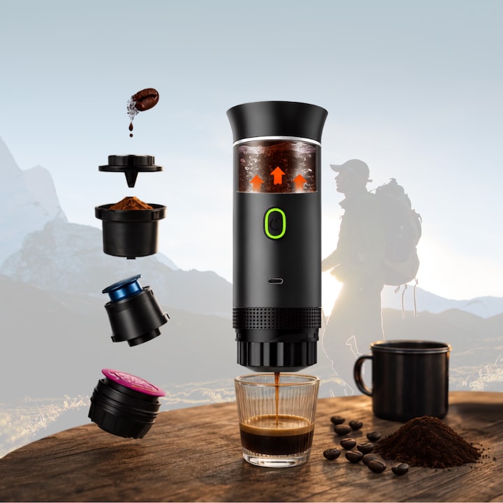 Espressor portabil 3 in 1, Aparat de cafea compatibil capsule Nespresso, Dolce Gusto + Cafea macinata, Functie incalzire apa, 20 Bari, Acumulator reincarcabil, port USB Type C - Ideal pentru Calatorii, Camping sau Birou, Negru
