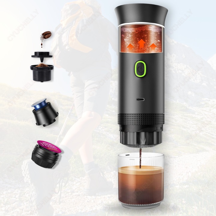 Espressor portabil 3 in 1, Aparat de cafea compatibil capsule Nespresso, Dolce Gusto + Cafea macinata, Functie incalzire apa, 20 Bari, Acumulator reincarcabil, port USB Type C - Ideal pentru Calatorii, Camping sau Birou, Negru