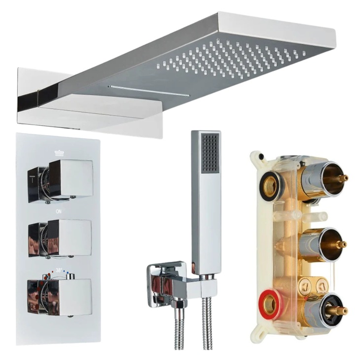 Baterie de dus subtire, BRISO, montaj subtire, cromata, 3 functii, set complet