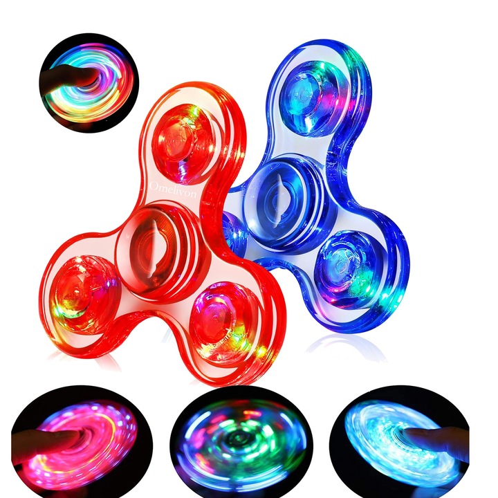 Комплект от 2 играчки LED Спинър Многоцветен, Антистрес Осветен, Перфектен за релакс и игра, fidget spinner, пластмасови материали, Лесен за носене, ергономичност, Висококачествени лагери, Omelivon