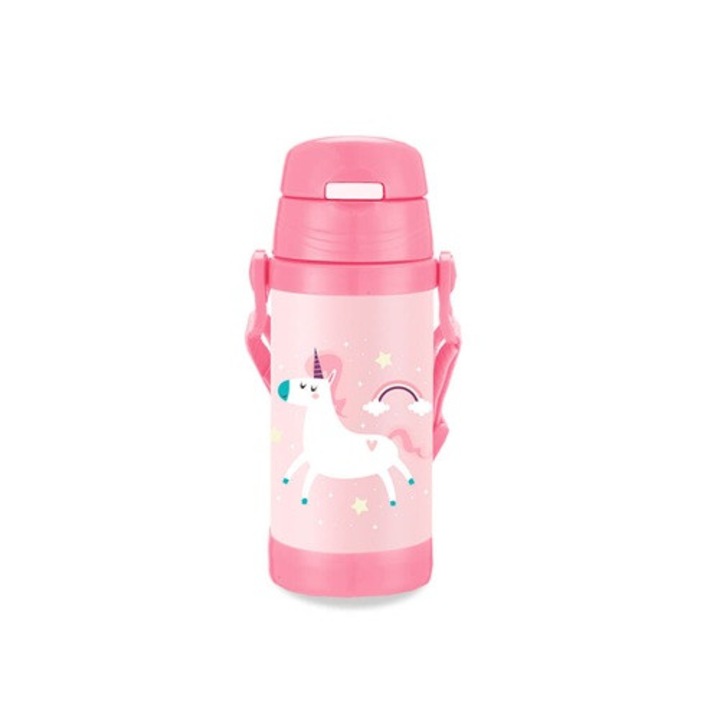 Cana termica pentru copii Maestro, 350 ml, design unic, dimensiuni 18,5x6,7 cm, cu baza antiderapanta, curea reglabila 100 cm