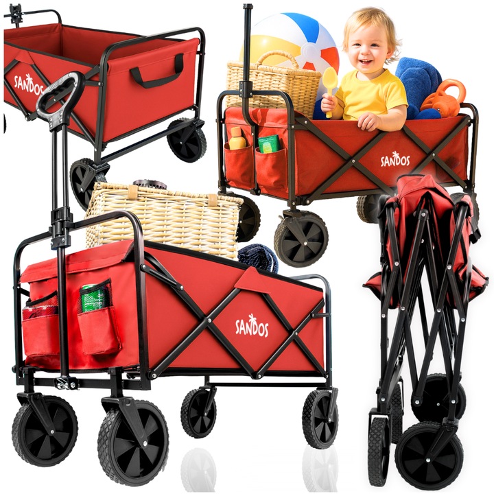 Carucior pliabil plaja Sandos rosu, capacitate 100kg, dimensiuni 95x53x91cm