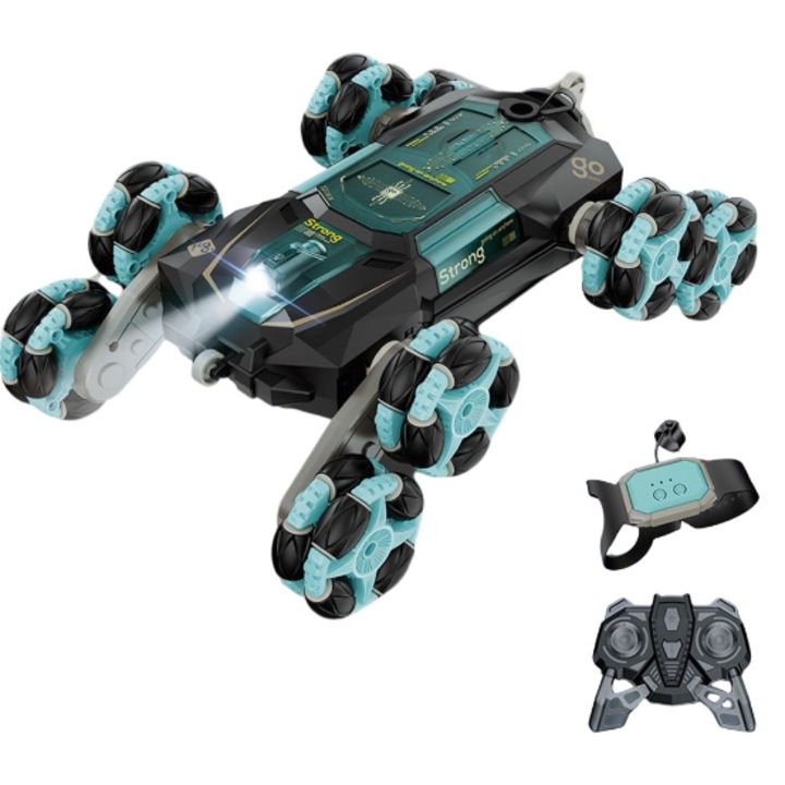 Masinuta RC cu telecomanda si control gestual (tip ceas), cu 8 roti pentru cascadorii, rotatie de 360°, derapaje laterale, miscare in ambele sensuri si in diagonala, efect special de aburi colorati, lumini cu led si muzica verde/negru