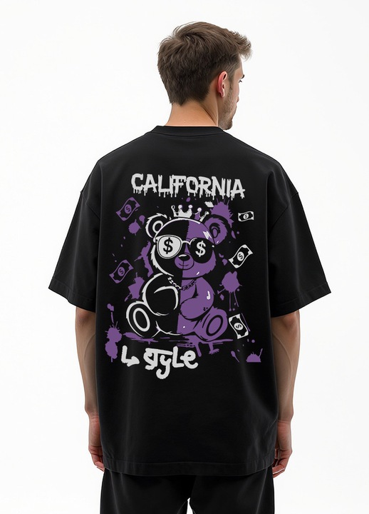 Tricou barbati Lose Fit „California L$tyle” – bumbac 100%, grafica ursulet mov streetwear, Negru
