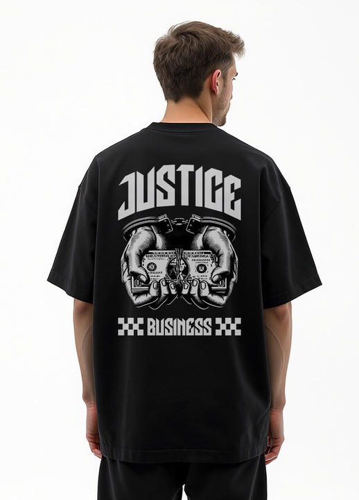 Tricou barbati Loose Fit negru „Justice Business” – bumbac 100%, print urban cu catuse si dolari, grafica streetwear unicat, Negru