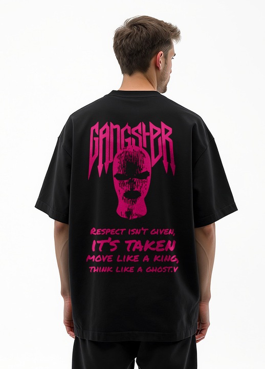 Tricou barbati Loose Fit negru „Gangster Skull” – bumbac 100%, grafica unicat streetwear urban, mesaj „Respect isn’t given, it’s taken, Negru