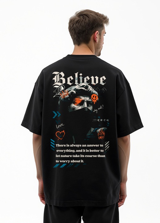 Tricou barbati Loose Fit negru „Believe Graffiti” – bumbac 100%, print street art colorat, grafica unicat urban, Negru