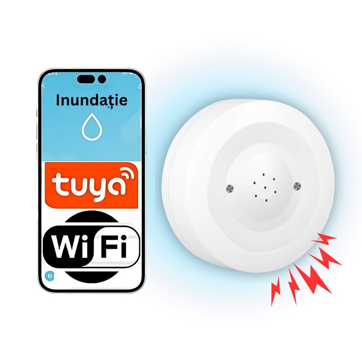 Senzor Inundatii Wi-Fi Inteligent, Aplicatie Tuya si SmartHome, Alarma 80dB, Detectare Scurgeri de Apa si Notificari Instant, Instalare Usoara, pentru Bai, Bucatarii, Subsoluri si Electrocasnice