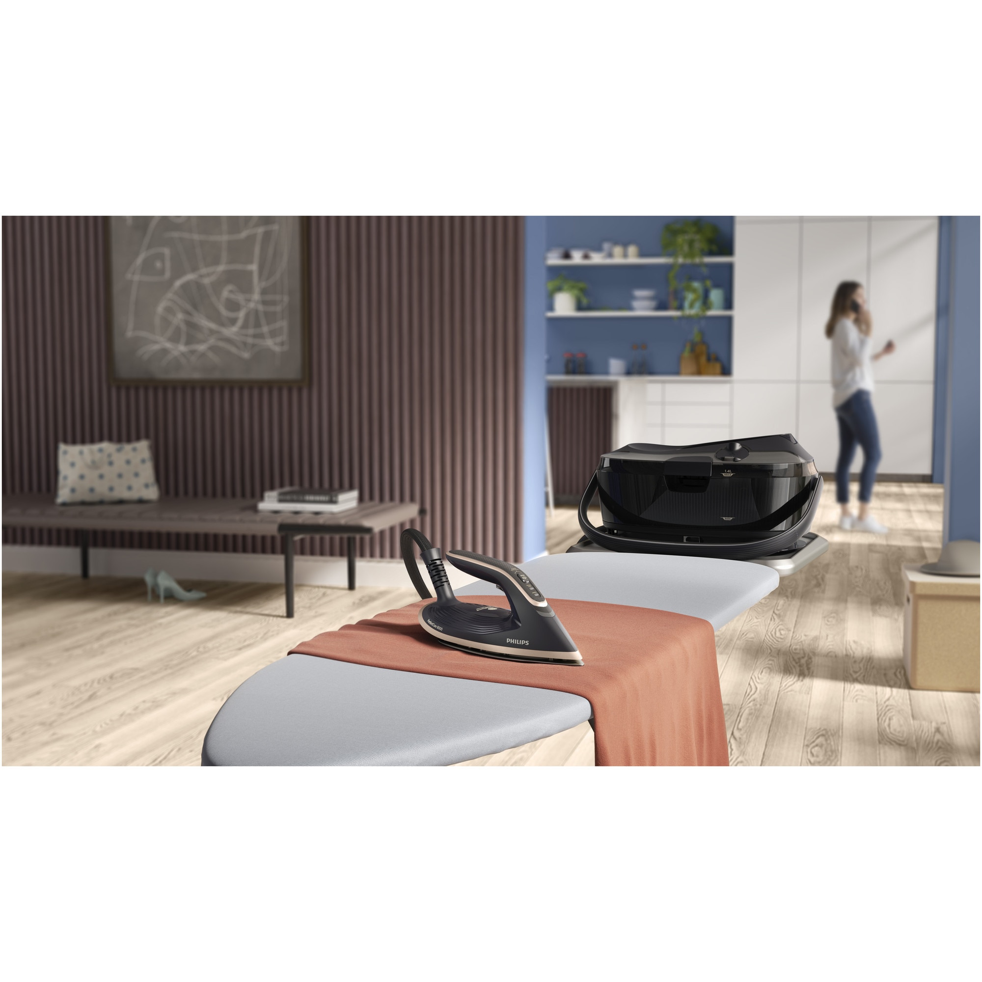 Statie de călcat cu abur Philips seria 8000 PSG8300/80, tehnologie OptimalTEMP, garantat fara arsuri, Abur max 210 g/min, jet de abur 850g, rezervor de 1.4 l, Talpa SteamGlide Elite, Mod ECO, Oprire automata de siguranta, negru
