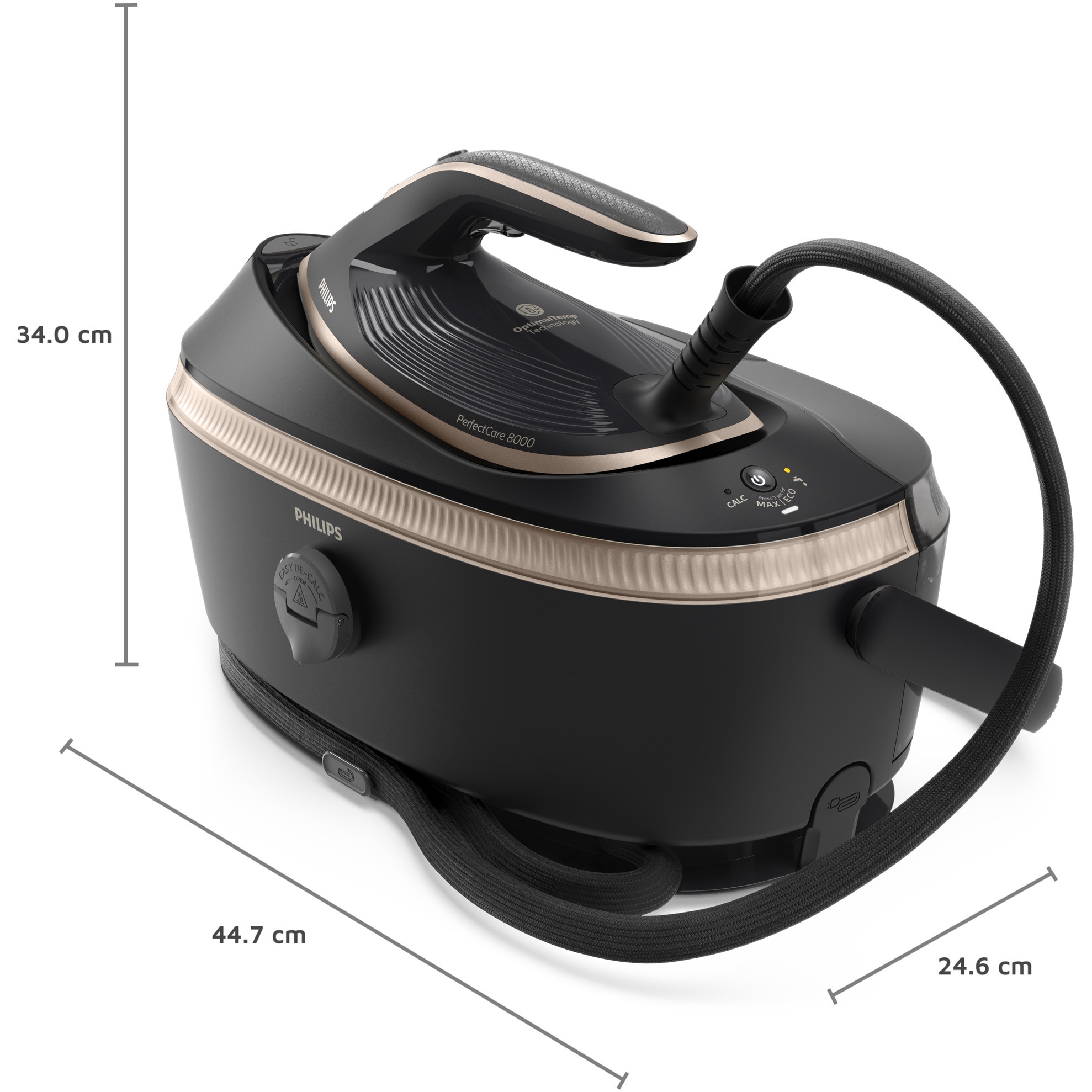 Statie de călcat cu abur Philips seria 8000 PSG8300/80, tehnologie OptimalTEMP, garantat fara arsuri, Abur max 210 g/min, jet de abur 850g, rezervor de 1.4 l, Talpa SteamGlide Elite, Mod ECO, Oprire automata de siguranta, negru