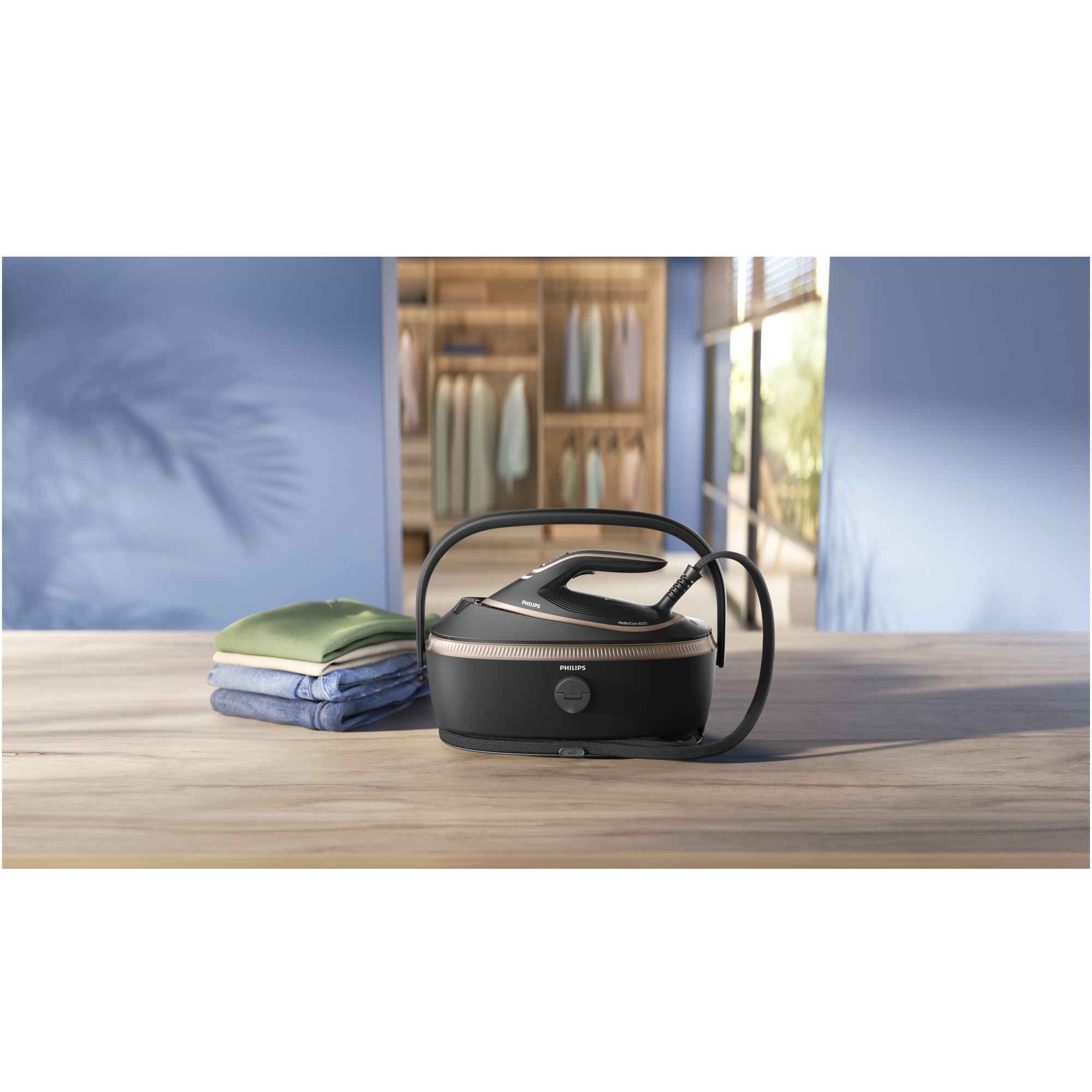 Statie de călcat cu abur Philips seria 8000 PSG8300/80, tehnologie OptimalTEMP, garantat fara arsuri, Abur max 210 g/min, jet de abur 850g, rezervor de 1.4 l, Talpa SteamGlide Elite, Mod ECO, Oprire automata de siguranta, negru