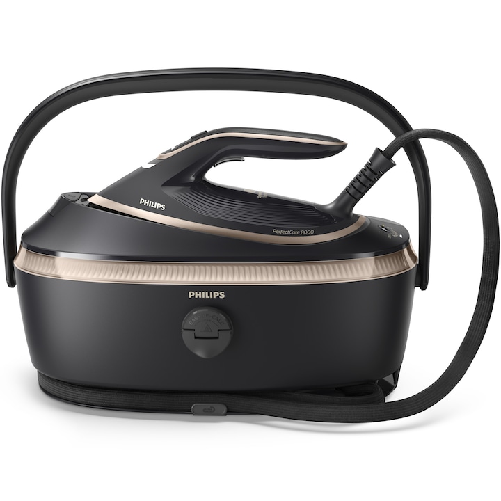 Парогенератор Philips серия 8000 PSG8300/80, Технология OptimalTEMP, Гарантирано без изгаряния, Макс. пара 210 гр/мин, Парна струя 850 гр, Резервоар 1,4 л, Плоча SteamGlide Elite, ЕКО режим, Автоматично изключване за безопасност, Черен