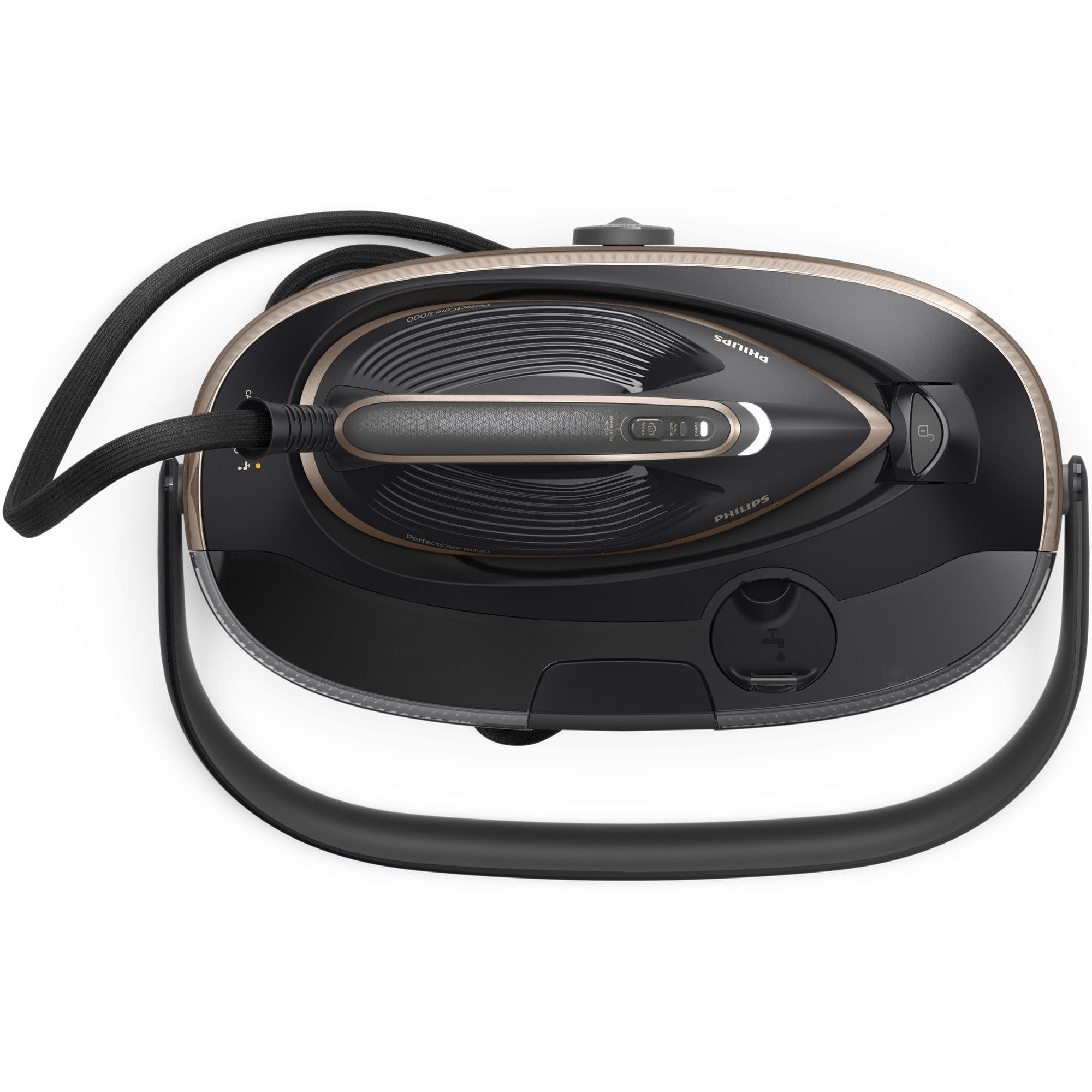 Statie de călcat cu abur Philips seria 8000 PSG8300/80, tehnologie OptimalTEMP, garantat fara arsuri, Abur max 210 g/min, jet de abur 850g, rezervor de 1.4 l, Talpa SteamGlide Elite, Mod ECO, Oprire automata de siguranta, negru