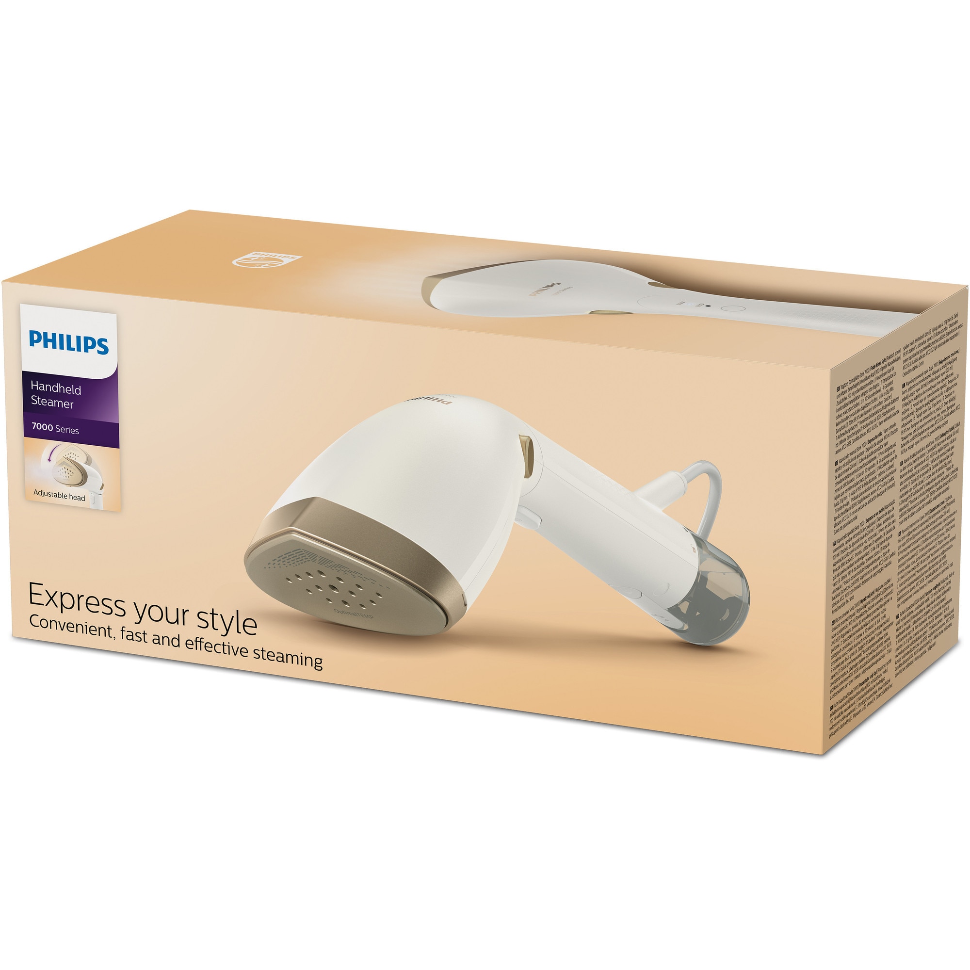 Aparat de calcat vertical portabil Philips seria 7000 STH7030/10, 1500W, debit de abur 28 g/min, Rezervoare de apa detasabile de 100 ml si 200ml, Talpa OptimalTEMP, 30sec. Incalzire, Cap reglabil, 2 nivele de abur, Greutate 870 g, manusa