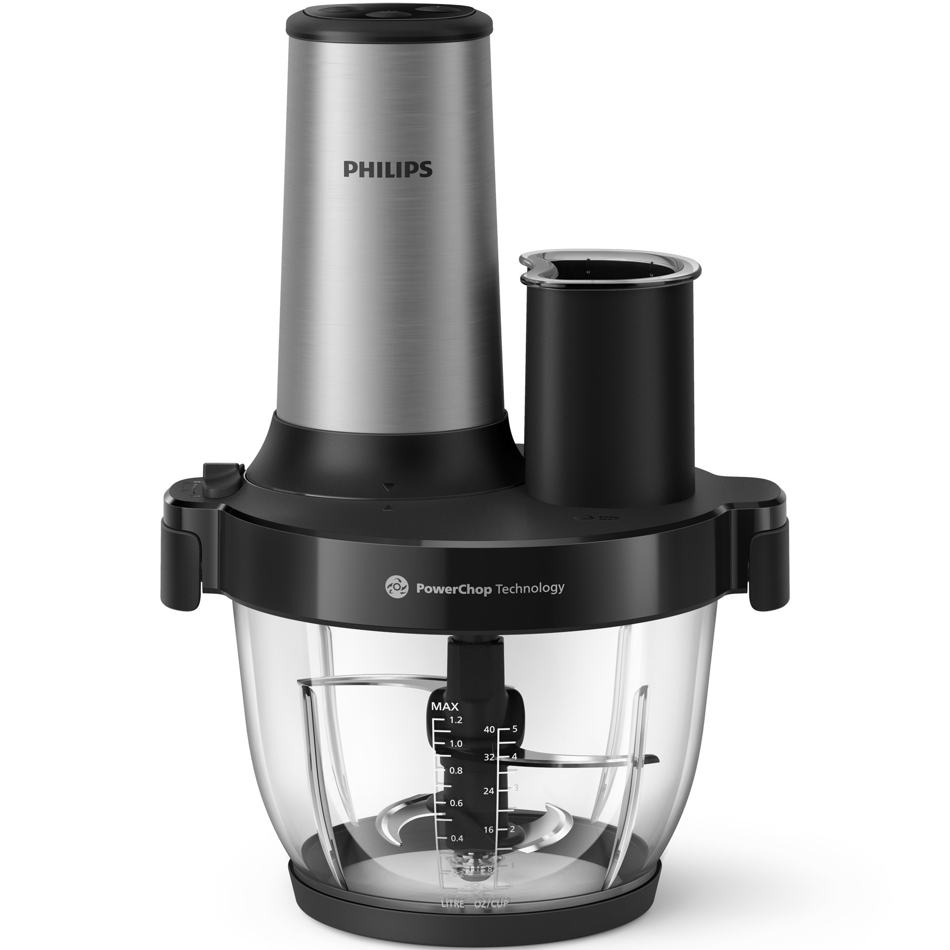 Tocator Philips HR1504/00, seria 5000, 3-1, 650 W, tehnologie PowerChop, 4 lame, capacitate bol 2l, 4 viteze, material exterior metal, material bol plastic, accesorii lama de felia