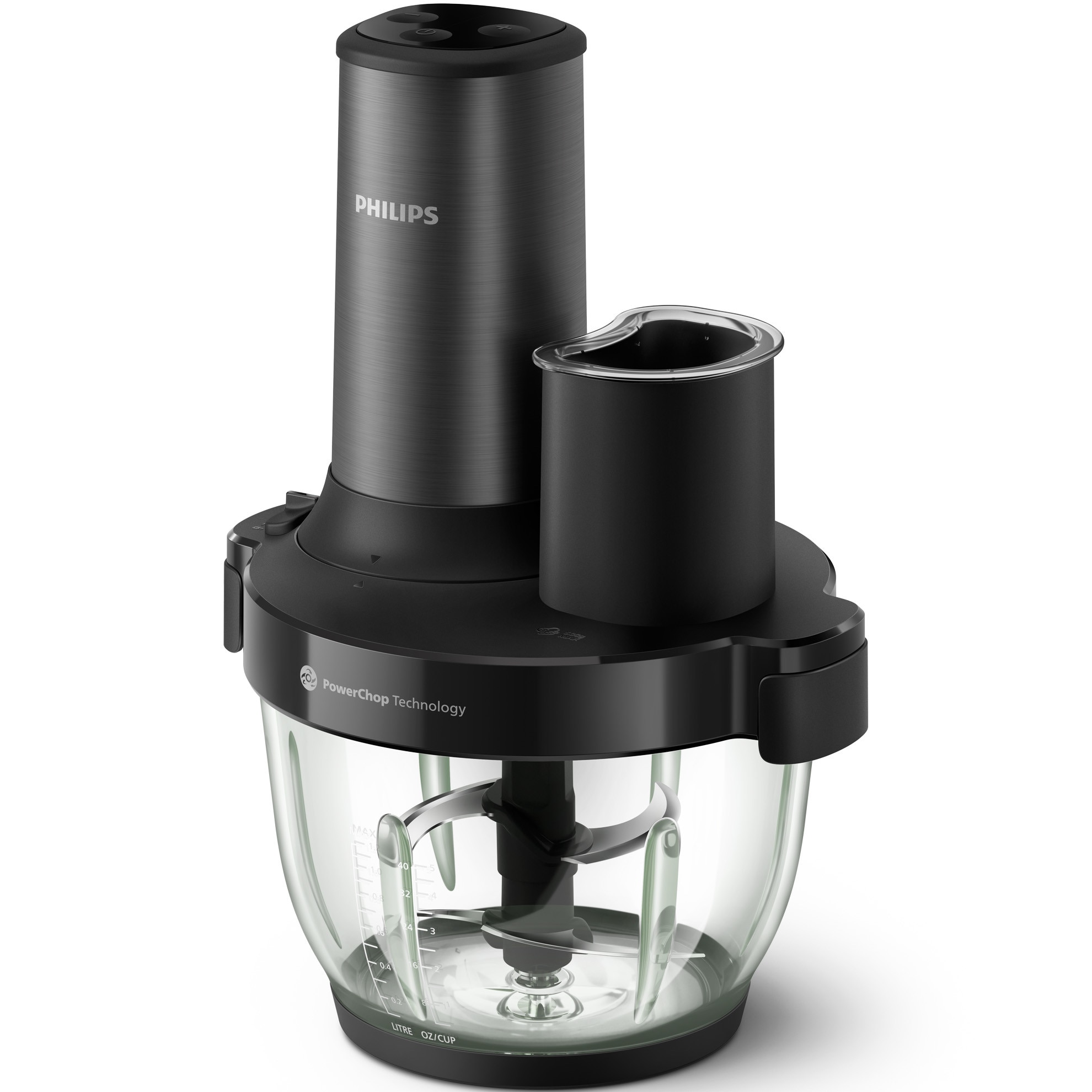 Tocator Philips HR1507/00, seria 5000, 3-1, 650 W, tehnologie PowerChop, 4 lame, capacitate bol 2l, 4 viteze, material exterior metal, material bol sticla, accesorii lama de feliar