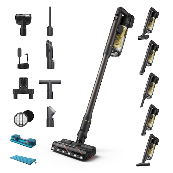 Вертикална прахосмукачка Philips XC7167/01 серия 7000, Автономност до 80 мин, Мека четка с LED, Накрайник за тесни пространства с LED, Накрайник за тапицерия с LED, Допълнителен филтър, Накрайник PetPro, Док станция за зареждане, Моп модул