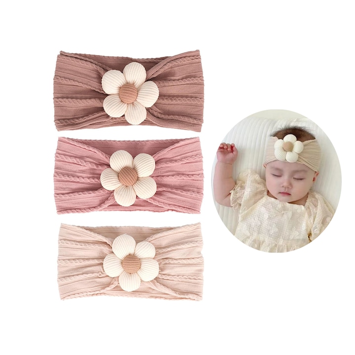 Set 3 bentite pentru fete, moale si confortabila, Design cu flori de margarete, bebe 0-3 luni, 3-12 luni, Multicolor