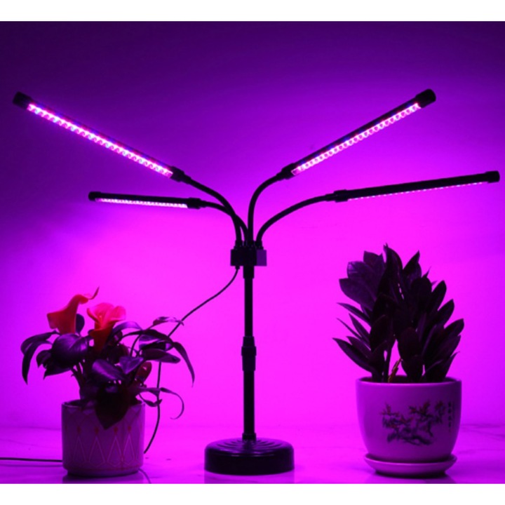 Lampa UV pentru crestere plante, cu USB, 10W, 4 capete, lumina mov, 96 LED-uri, 9 nivele lumina, timer, ajustabila pana la 65 cm