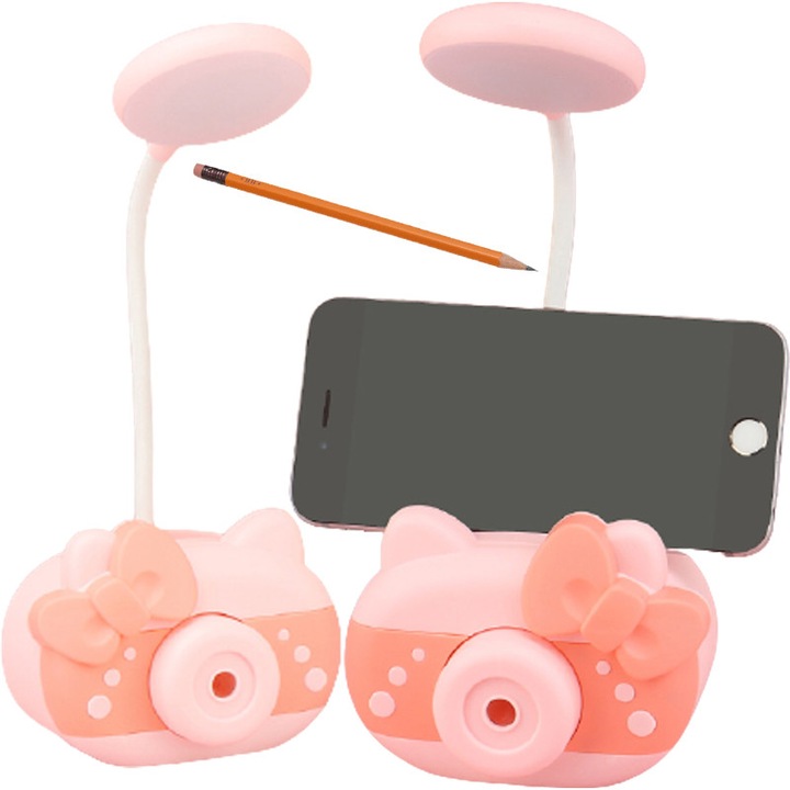 RETOO TechPro LED asztali lámpa, ceruzahegyezővel, 3W, két világítási mód, 360 fokos állítás, kis méret, beépített 400 mAh-s akkumulátor, a lámpa akár 4 funkcióval is rendelkezik, USB töltőkábel mellékelve, szemvédelem, rózsaszín-piros